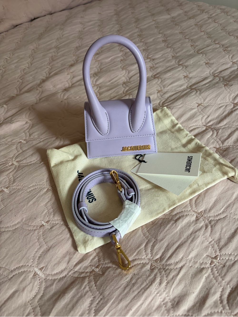 Jacquemus Le Chiquito in color Lilac Top-Handle Bag with Gold Logo